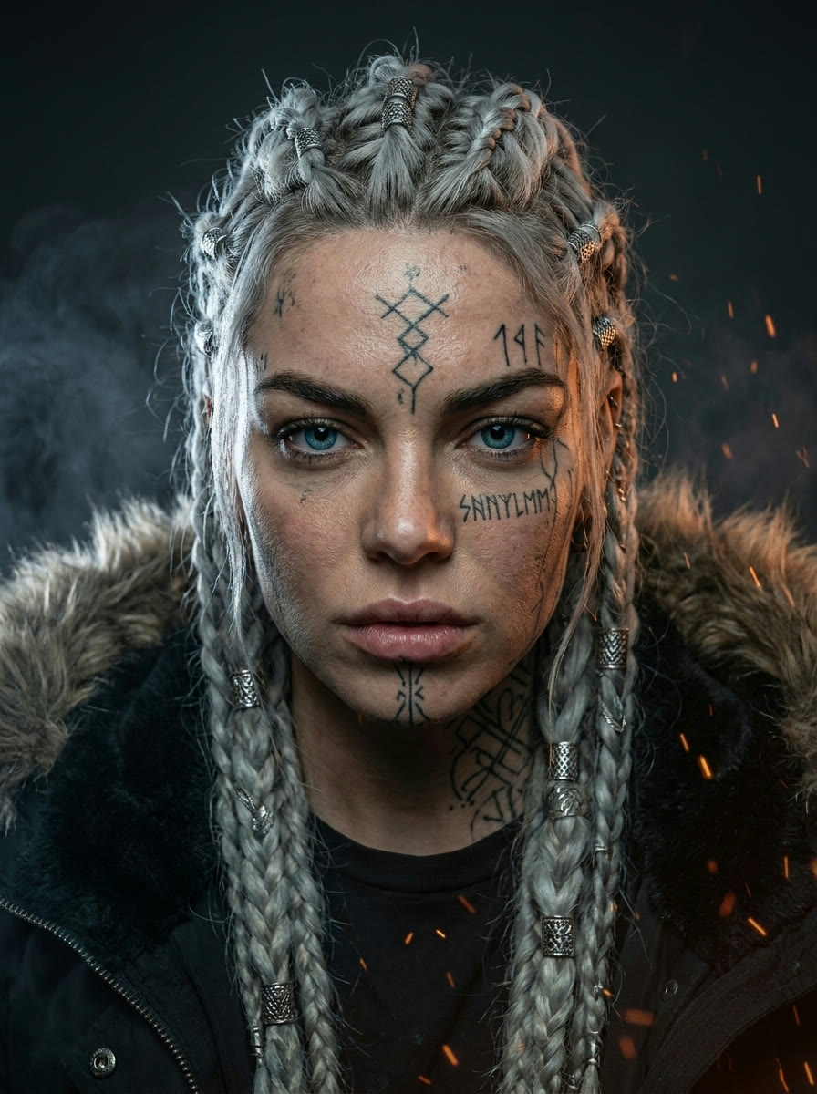 Eldruna, Icelandic Viking music artist with silver braids, runic face tattoos and blue eyes